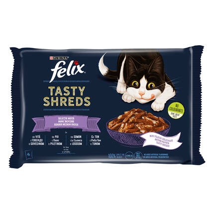FELIX® TASTY SHREDS, sa govedinom / piletinom / lososom / tunom, vlažna hrana za mačke