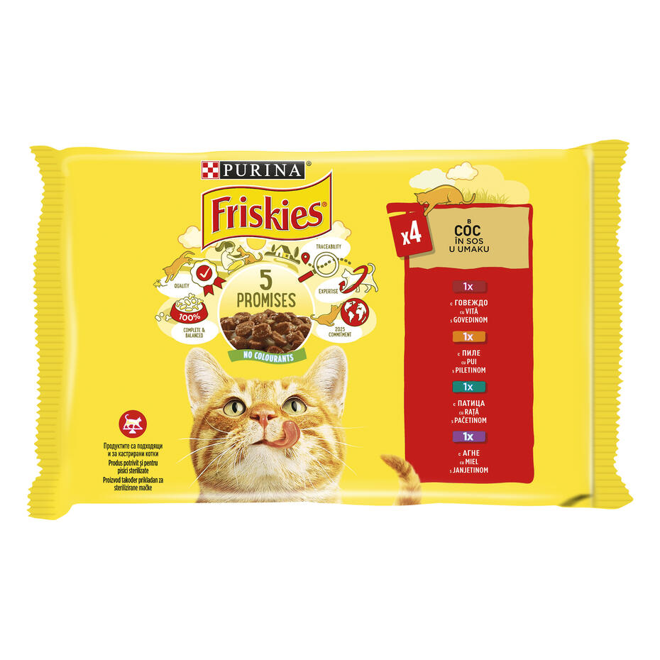 FRISKIES® ADULT,  sa govedinom / piletinom / jagnjetinom / patkom, vlažna hrana za mačke