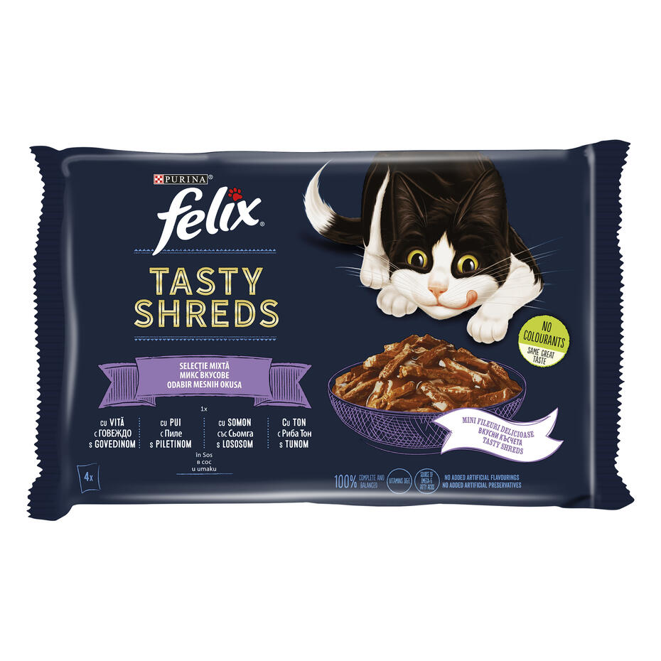 FELIX® TASTY SHREDS, sa govedinom / piletinom / lososom / tunom, vlažna hrana za mačke